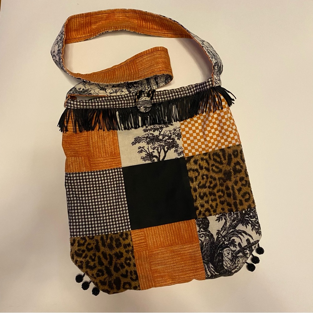 OOAK Patchwork Shoulder Bag Orange , Black, and leopard fabric handmade purse